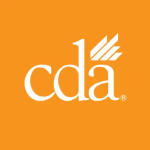The image shows a logo with the acronym "cda" in white text on an orange background. The letter "d" has three diagonal lines above it.