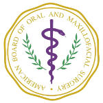 Seal of the American Board of Oral and Maxillofacial Surgery featuring a purple caduceus and green laurel branches encircled by a yellow double-line border with the board name.