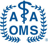 Logo of the American Association of Oral and Maxillofacial Surgeons (AAOMS) featuring a caduceus symbol surrounded by laurel leaves with the letters AAOMS.